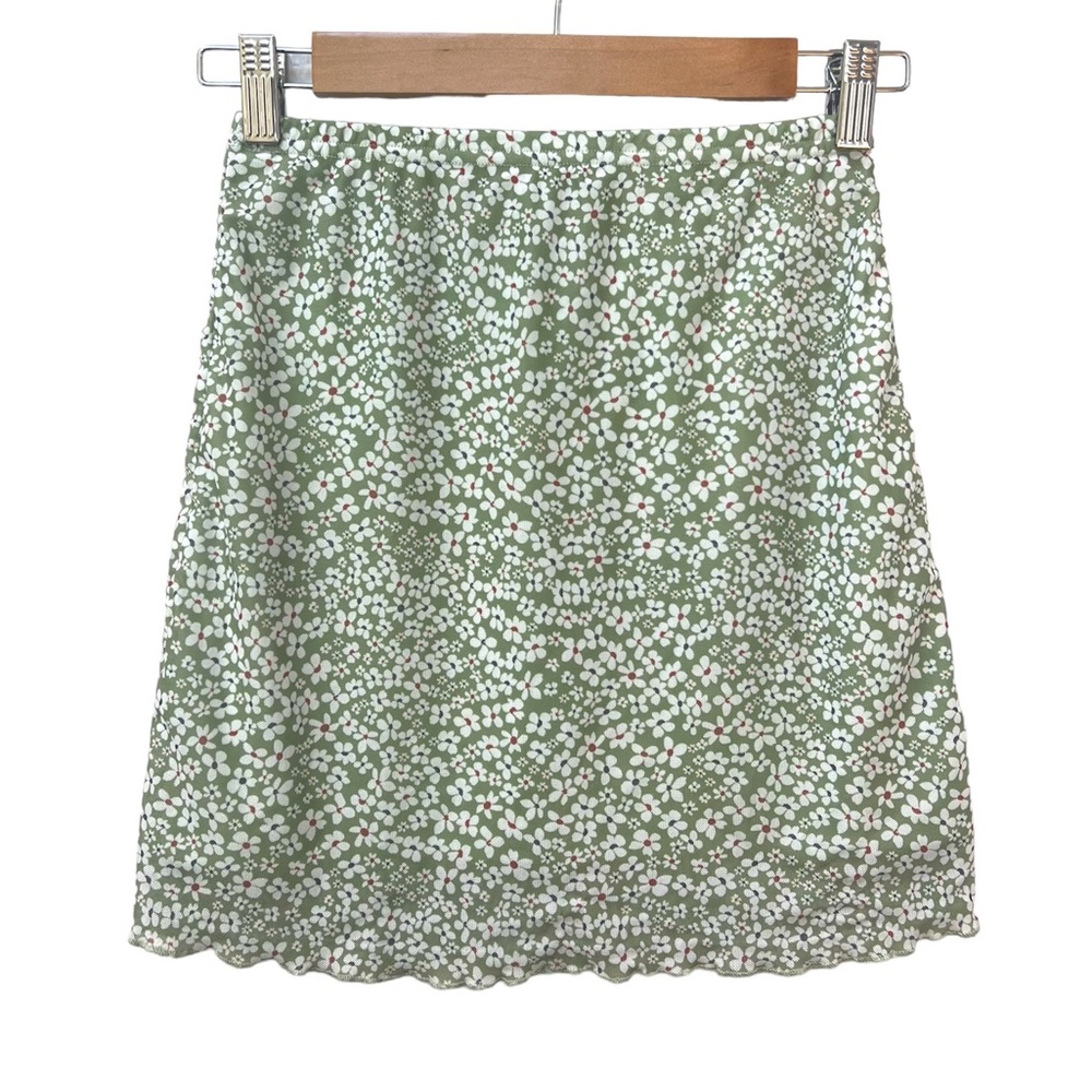 Shein Mini Skirt Small Sage Green Daisy Floral Mesh Lettuce Hem Lined Boho Y2K